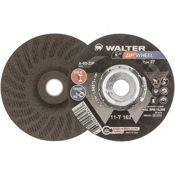 WALTER Surface Technologies - 60 Grit, 6" Wheel Diam, 3/64" Wheel Thickness, 7/8" Arbor Hole, Type 27 Depressed Center Wheel - Aluminum Oxide, Resinoid Bond, 10,200 Max RPM - Exact Tooling
