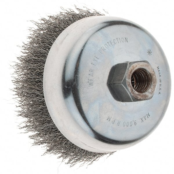 Weiler - 4" Diam, 5/8-11 Threaded Arbor, Steel Fill Cup Brush - 0.014 Wire Diam, 1-3/8" Trim Length, 9,000 Max RPM - Exact Tooling