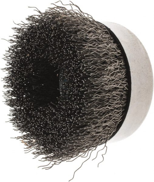 Weiler - 4" Diam, 5/8-11 Threaded Arbor, Steel Fill Cup Brush - 0.02 Wire Diam, 1-3/8" Trim Length, 9,000 Max RPM - Exact Tooling