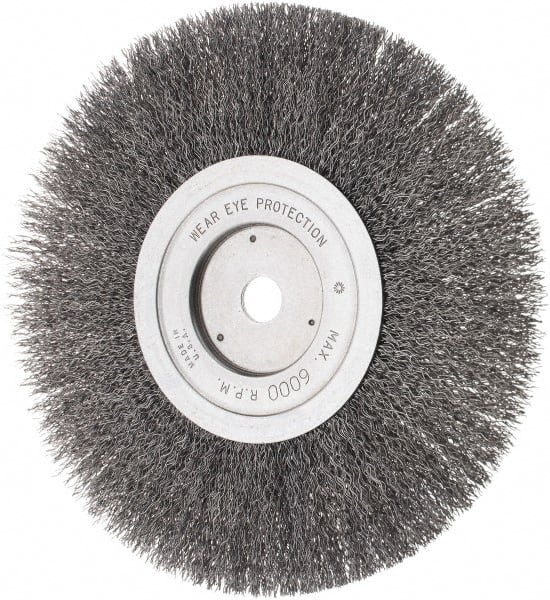Weiler - 8" OD, 5/8" Arbor Hole, Crimped Steel Wheel Brush - 3/4" Face Width, 1-1/2" Trim Length, 0.014" Filament Diam, 4,500 RPM - Exact Tooling