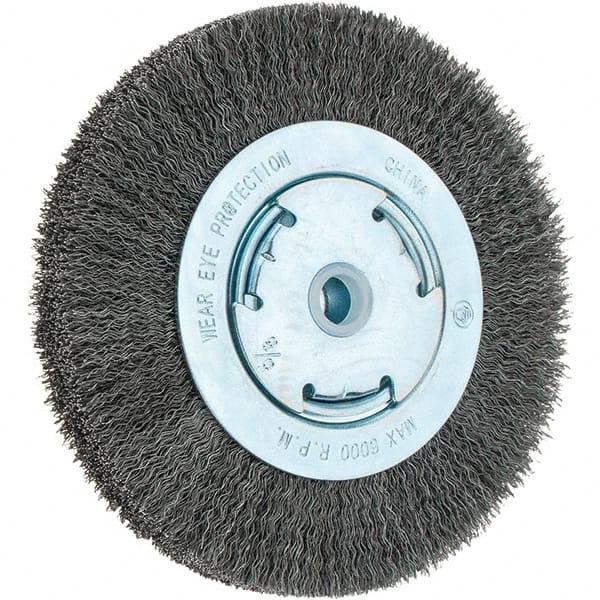 Weiler - 6" OD, 5/8" Arbor Hole, Crimped Steel Wheel Brush - 1-1/8" Face Width, 1-1/8" Trim Length, 0.014" Filament Diam, 6,000 RPM - Exact Tooling
