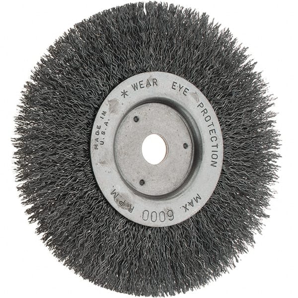 Weiler - 6" OD, 5/8" Arbor Hole, Crimped Steel Wheel Brush - 3/4" Face Width, 1-1/8" Trim Length, 0.014" Filament Diam, 6,000 RPM - Exact Tooling