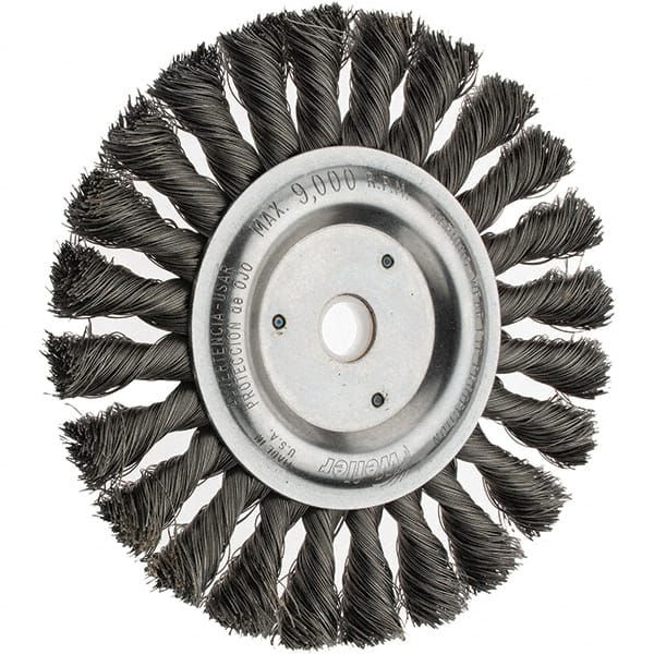 Weiler - 6" OD, 5/8" Arbor Hole, Knotted Steel Wheel Brush - 1/2" Face Width, 1-1/2" Trim Length, 0.014" Filament Diam, 9,000 RPM - Exact Tooling