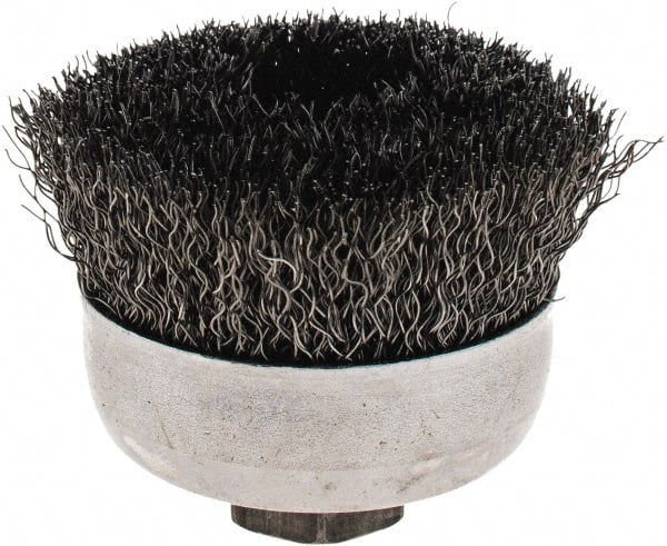 Weiler - 2-3/4" Diam, 5/8-11 Threaded Arbor, Steel Fill Cup Brush - 0.014 Wire Diam, 1" Trim Length, 14,000 Max RPM - Exact Tooling