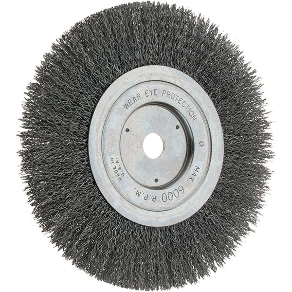 Weiler - 7" OD, 5/8" Arbor Hole, Crimped Steel Wheel Brush - 1" Face Width, 2" Trim Length, 0.014" Filament Diam, 6,000 RPM - Exact Tooling