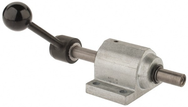 De-Sta-Co - 9,000 N Capacity, M8 Plunger, 16mm Plunger Diam, Foot Mt, One Hand, Hand Lever Actuation, Variable Stroke Straight Line Action Clamp - 60mm Max Rapid Stroke, 4mm Max Clamping Stroke, 9mm Mt Hole Diam, 90mm Overall Height, 196mm OAL - Exact Tooling
