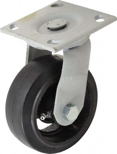 Fairbanks - 5" Diam x 2" Wide, Mold-On Rubber Swivel Caster - 675 Lb Capacity, Top Plate Mount, 4" x 4-1/2" Plate, Delrin Bearing - Exact Tooling