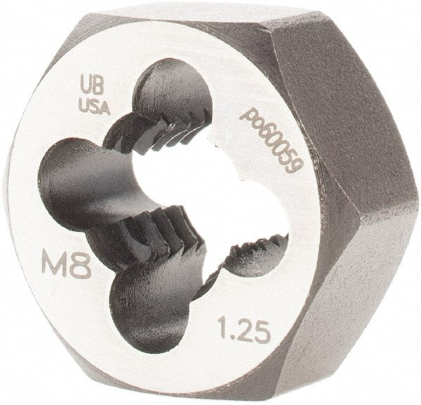 Union Butterfield - M8x1.25 Metric Coarse Thread, 11/16" Hex, Right Hand Thread, Hex Rethreading Die - Chromium Steel, 5/16" Thick, Series 2325M - Exact Tooling