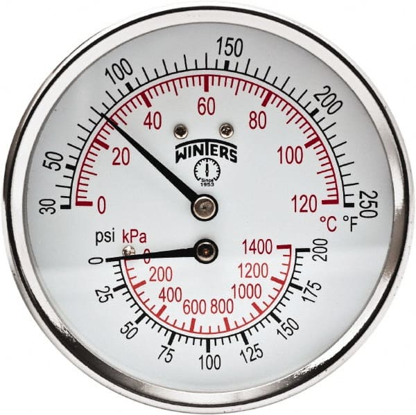 Winters - 3" Dial, 1/2 Thread, 0-200 Scale Range, Pressure Gauge - Center Back Connection Mount, Accurate to 0.03% of Scale - Exact Tooling