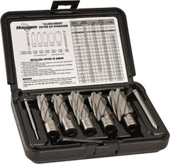 Hougen - 8 Piece, 5/8 to 1-1/8" Cutter Diam, 2" Cutting Depth, High Speed Steel Annular Cutter Set - Bright Finish, 3/4" Shank Diam, 5/8, 3/4, 7/8, 1, 1-1/8" Cutter Diams, 2 Flats on Shank - Exact Tooling