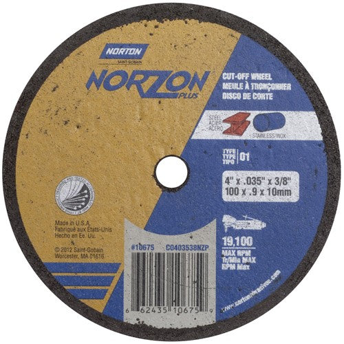 4″ × 0.035″ × 3/8″ NorZon Plus Small Diameter Cut-Off Wheel Type 01 Straight Aluminum Oxide - Exact Tooling