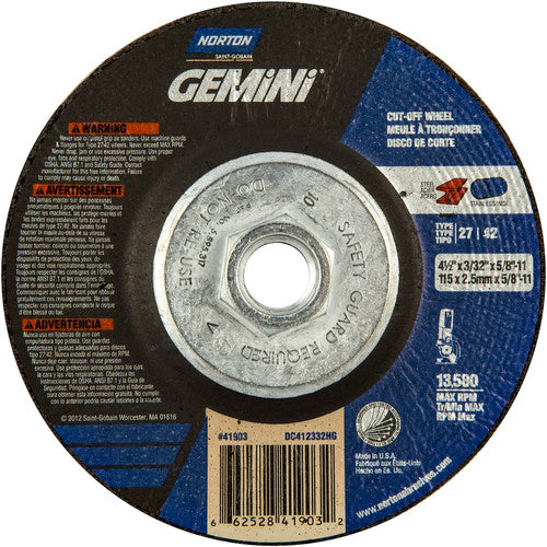 4-1/2 × 3/32 × 5/8 - 11″ Gemini Cutting Wheel A 30 Q BDA Type 27/42 - Exact Tooling