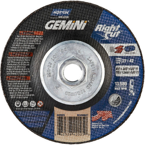 4-1/2 x .045 × 5/8 - 11″ Gemini RightCut Cutting Wheel A 24 T BDA3 Type 27/42 - Exact Tooling