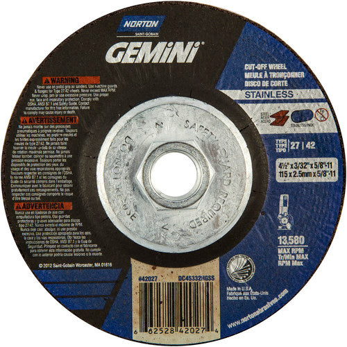 4-1/2 × 3/32 × 5/8 - 11″ Gemini INOX/SS Cutting Wheel A 30 Q BDA Type 27/42 - Exact Tooling