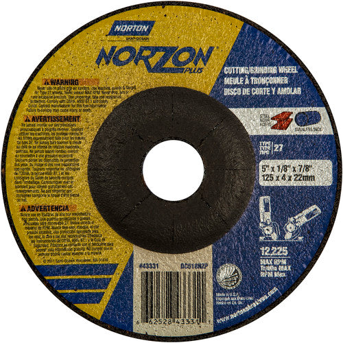 5″ × 1/8″ × 7/8″ NorZon Plus Non-Woven Depressed Center Wheel Type 27 Ceramic Alumina / Zirconia Alumina - Exact Tooling