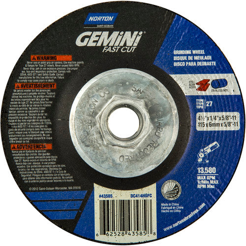 4-1/2 × 1/4 × 5/8 - 11″ Gemini Fast Cut Grinding Wheel A 24 N BDA Type 27 - Exact Tooling