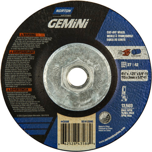4-1/2 x .125 × 5/8 - 11″ Gemini Cutting Wheel A 24 T BDA3 Type 27/42 - Exact Tooling