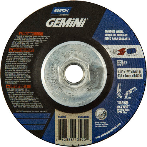 4-1/2 × 1/8 × 5/8 - 11″ Gemini Long Life Grinding Wheel A 24 Q BDA Type 27 - Exact Tooling
