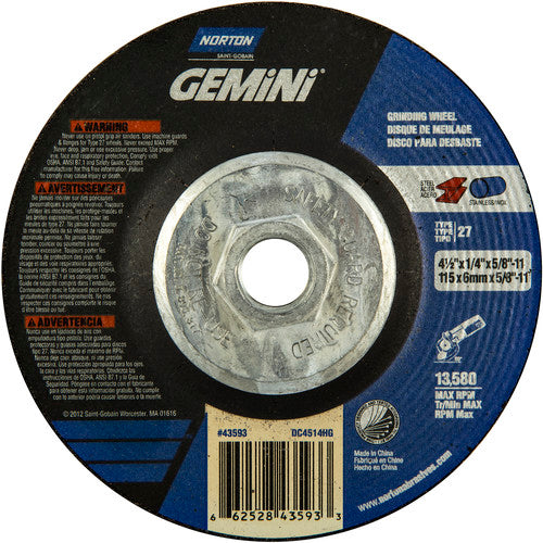 4-1/2 × 1/4 × 5/8 - 11″ Gemini Grinding Wheel A 24 S BDA Type 27 - Exact Tooling