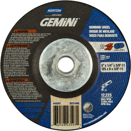 5 × 1/4 × 5/8 - 11″ Gemini Grinding Wheel A 24 S BDA Type 27 - Exact Tooling