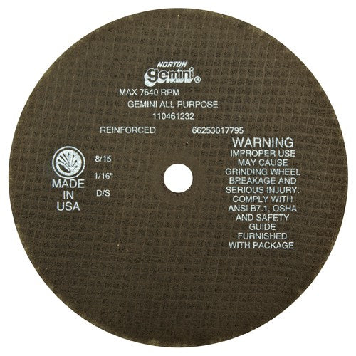 8″ × 0.060″ × 5/8″ Gemini Circular Saw Cut-Off Wheel Type 01 Straight 36 Grit Aluminum Oxide - Exact Tooling