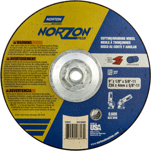 9″ × 1/8″ × 5/8″ NorZon Plus Non-Woven Depressed Center Wheel Type 27 - Exact Tooling