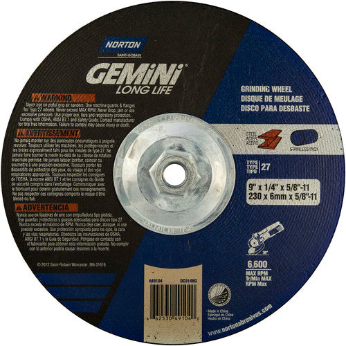 9 × 1/4 × 5/8 - 11″ Gemini Long Life Grinding Wheel A 24 R Type 27 - Exact Tooling
