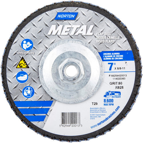 7 × 5/8 - 11″ Metal Fiberglass Conical Flap Disc Type 29 80 Grit R828T Zirconia Alumina - Exact Tooling