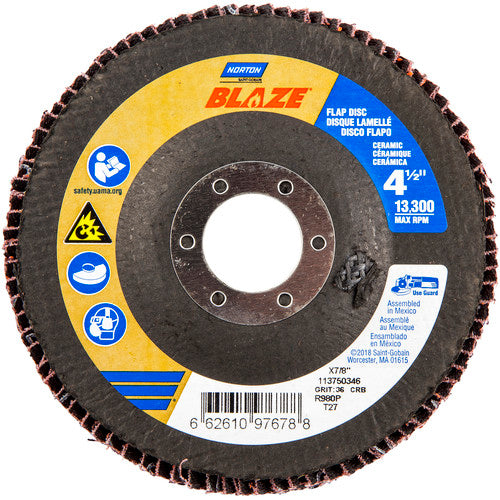 4-1/2 × 7/8″ Blaze Fiberglass HD Flat Flap Disc Type 27 36 Grit R980P Premium Ceramic Alumina - Exact Tooling
