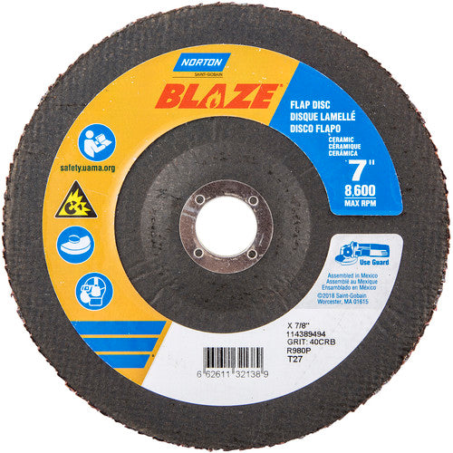 7 × 7/8″ Blaze Fiberglass HD Flat Flap Disc Type 27 40 Grit R980P Premium Ceramic Alumina - Exact Tooling