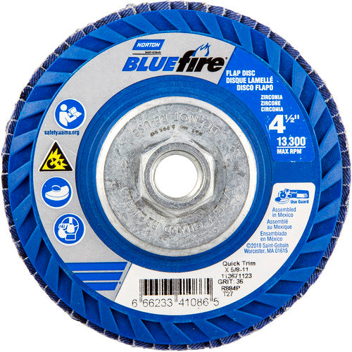 4-1/2 × 5/8 - 11″ BlueFire Plastic Flat Flap Disc Type 27 P36 Grit R884V1 Zirconia Alumina - Exact Tooling