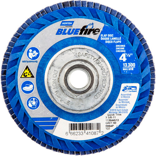 4-1/2 × 5/8 - 11″ BlueFire Plastic Flat Flap Disc Type 27 P60 Grit R884V1 Zirconia Alumina - Exact Tooling