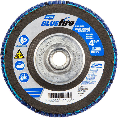 4-1/2 × 5/8 - 11″ BlueFire Fiberglass Conical Flap Disc Type 29 P60 Grit R884V1 Zirconia Alumina - Exact Tooling