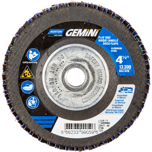 4-1/2 × 5/8 - 11″ Gemini Fiberglass HD Flat Flap Disc Type 27 P40 Grit R766 Zirconia Alumina - Exact Tooling