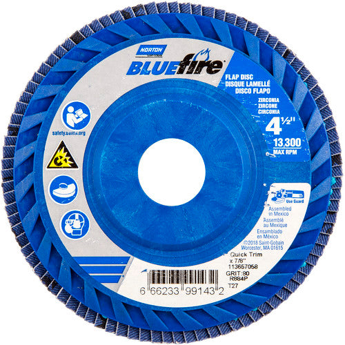 4-1/2 × 7/8″ BlueFire Plastic Flat Flap Disc Type 27 P80 Grit R884P Ceramic Alumina - Exact Tooling