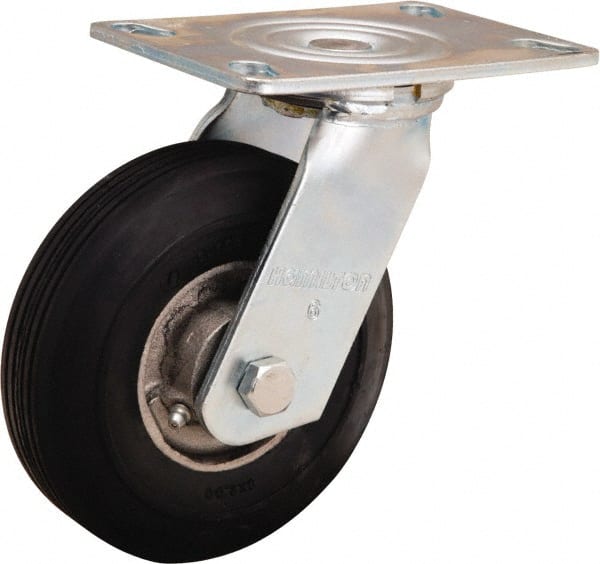 Hamilton - 6" Diam x 2" Wide, Rubber Swivel Caster - 300 Lb Capacity, Top Plate Mount, 4-1/2" x 6-1/4" Plate, Straight Roller Bearing - Exact Tooling