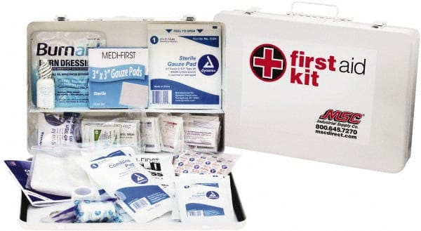 Medique - 200 Piece, 50 Person, Industrial First Aid Kit - 14" Wide x 9-1/2" Deep x 2-1/2" High, Metal Case - Exact Tooling