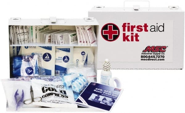 Medique - 150 Piece, 25 Person, Industrial First Aid Kit - 11" Wide x 7-1/2" Deep x 2-1/2" High, Metal Case - Exact Tooling