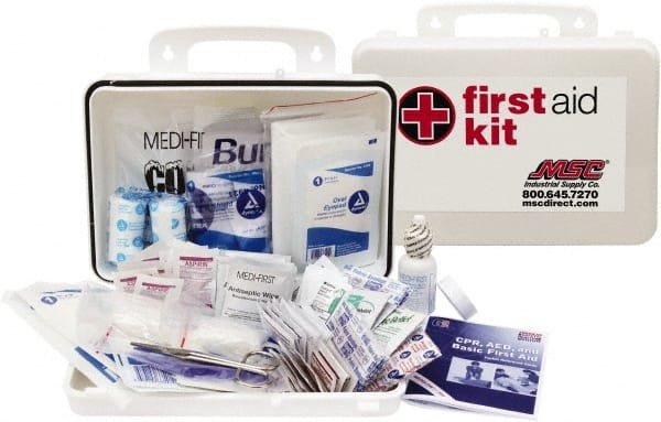 Medique - 150 Piece, 25 Person, Industrial First Aid Kit - 9-1/4" Wide x 6-3/4" Deep x 3" High, Plastic Case - Exact Tooling