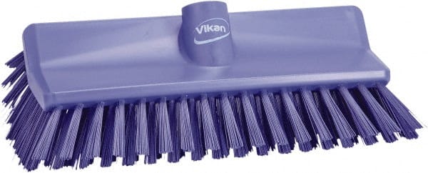 Vikan - 1-1/2" Bristle Length, Polyester Scrub Brush - 10" Long x 5-1/2" Wide Head, 10-25/64" OAL, European Threaded Handle, Purple, Polypropylene Block - Exact Tooling