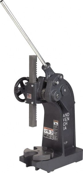 Dake - 1-1/2" Ram, 7-3/4" Throat Depth, 6 Ton Manual Arbor Press - 13-3/4" Max Work Height x 15-1/2" Max Work Width, Compound Leverage, 66:1 Leverage Ratio, 8-1/4" Base Width x 20" Base Depth - Exact Tooling