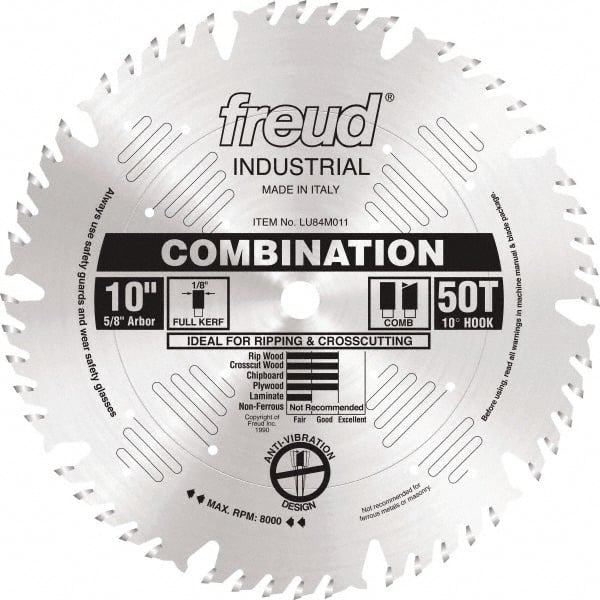 Freud - 10" Diam, 5/8" Arbor Hole Diam, 50 Tooth Wet & Dry Cut Saw Blade - Carbide-Tipped, Standard Round Arbor - Exact Tooling