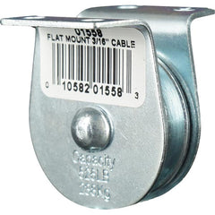 Block Division - 525 Lbs. Load Limit, Flat Standard Block - Upright Mount, Single Sheave, 1-1/2 Inch Outside Diameter, Wire Rope, 3/16 Inch Diameter, Eye, 5/8 Inch Inside Diameter, Carbon Steel, Zinc Plated Finish - Exact Tooling