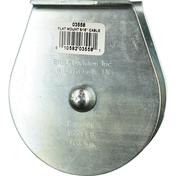 Block Division - 1, 550 Lbs. Load Limit, Flat Standard Block - Upright Mount, Single Sheave, 3-1/2 Inch Outside Diameter, Wire Rope, 5/16 Inch Diameter, Eye, 1-3/16 Inch Inside Diameter, Carbon Steel, Zinc Plated Finish - Exact Tooling