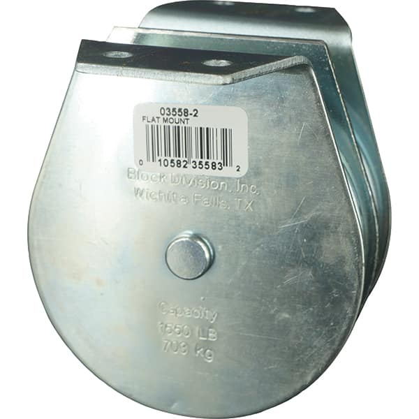 Block Division - 1, 550 Lbs. Load Limit, Flat Standard Block - Upright Mount, Double Sheave, 3-1/2 Inch Outside Diameter, Wire Rope, 5/16 Inch Diameter, Eye, 1-3/16 Inch Inside Diameter, Carbon Steel, Zinc Plated Finish - Exact Tooling