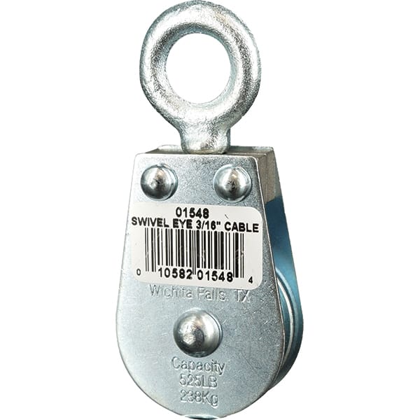 Block Division - 525 Lbs. Load Limit, Swivel Eye Standard Block - Single Sheave, 1-1/2 Inch Outside Diameter, Wire Rope, 3/16 Inch Diameter, Eye, 5/8 Inch Inside Diameter, Carbon Steel, Zinc Plated Finish - Exact Tooling