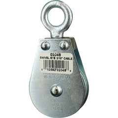Block Division - 600 Lbs. Load Limit, Swivel Eye Standard Block - Single Sheave, 2 Inch Outside Diameter, Wire Rope, 3/16 Inch Diameter, Eye, 5/8 Inch Inside Diameter, Carbon Steel, Zinc Plated Finish - Exact Tooling