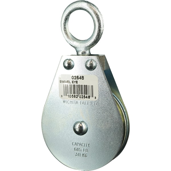 Block Division - 685 Lbs. Load Limit, Swivel Eye Standard Block - Single Sheave, 2-1/2 Inch Outside Diameter, Wire Rope, 1/4 Inch Diameter, Eye, 7/8 Inch Inside Diameter, Carbon Steel, Zinc Plated Finish - Exact Tooling