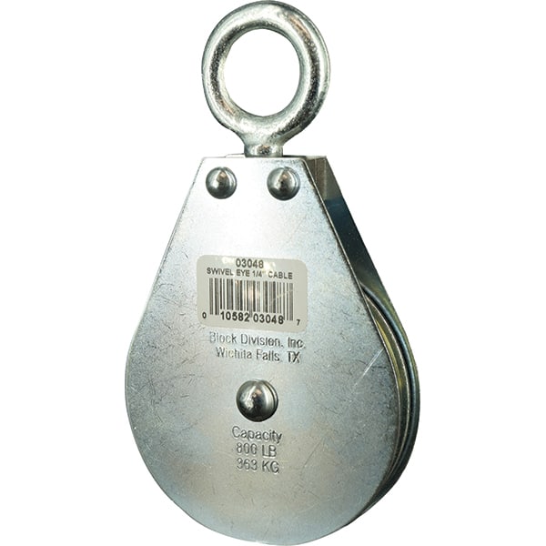 Block Division - 640 Lbs. Load Limit, Swivel Eye Standard Block - Single Sheave, 3-3/4 Inch Outside Diameter, Wire Rope, 1/4 Inch Diameter, Eye, 7/8 Inch Inside Diameter, Carbon Steel, Zinc Plated Finish - Exact Tooling