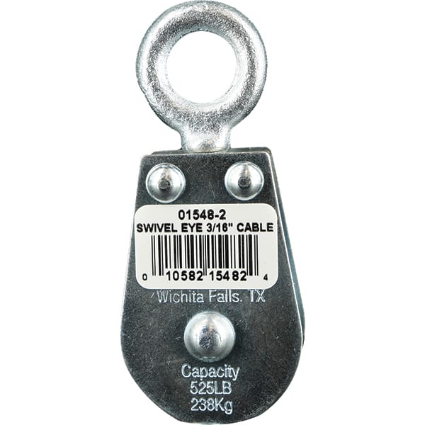 Block Division - 525 Lbs. Load Limit, Swivel Eye Standard Block - Double Sheave, 1-1/2 Inch Outside Diameter, Wire Rope, 3/16 Inch Diameter, Eye, 5/8 Inch Inside Diameter, Carbon Steel, Zinc Plated Finish - Exact Tooling
